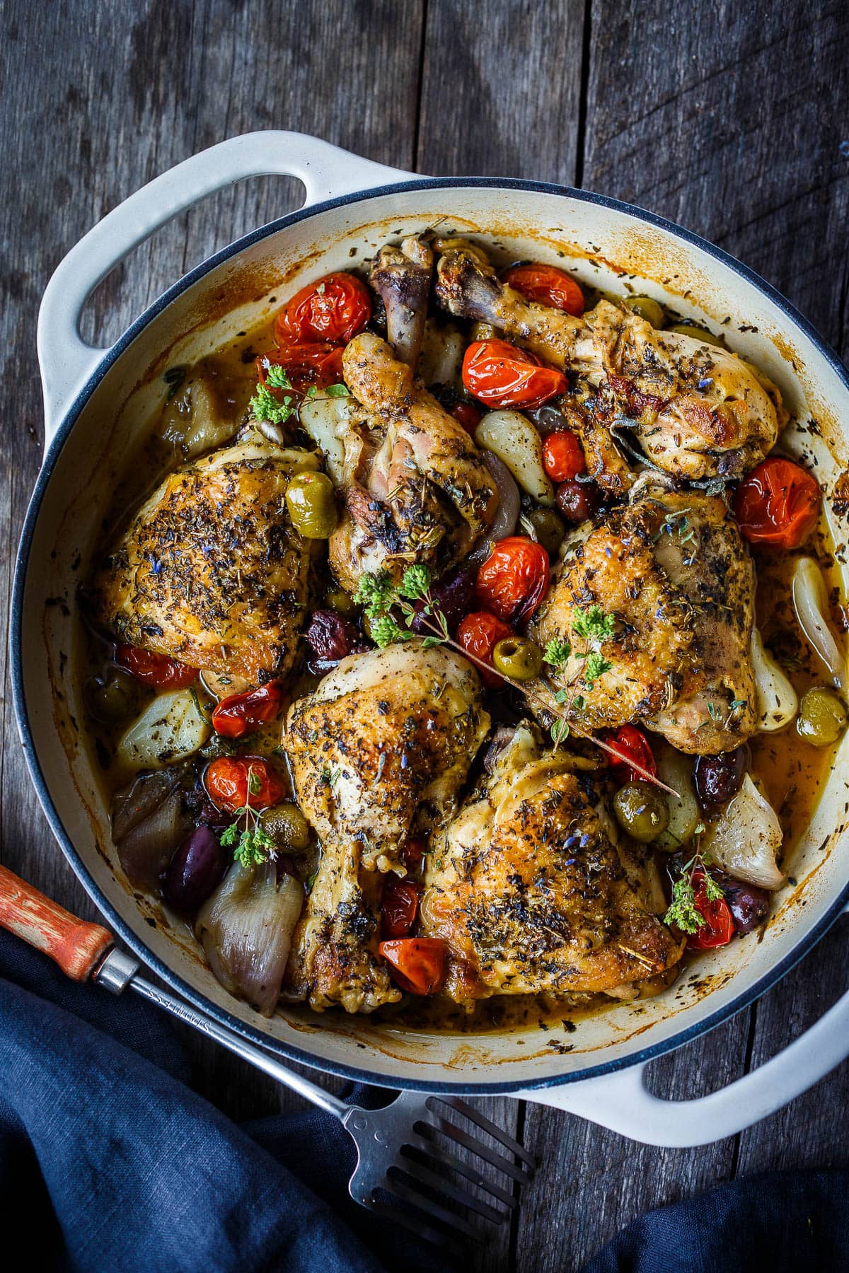 Chicken Provençal is seasoned with Herbs de Provence, and braised with white wine, tomatoes, olives, garlic and shallots until tender & fragrant. 