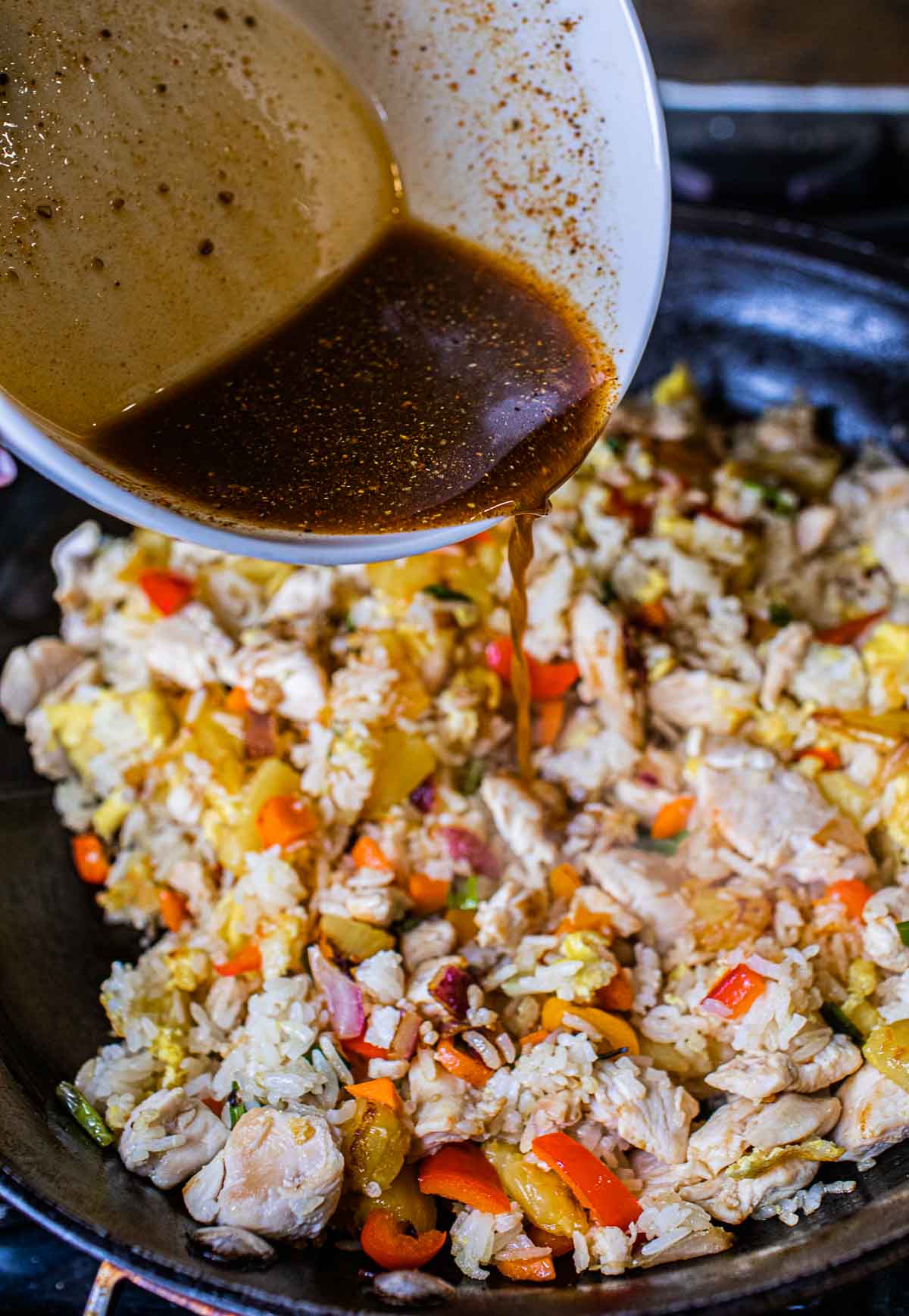 pineapple fried rice in a wok