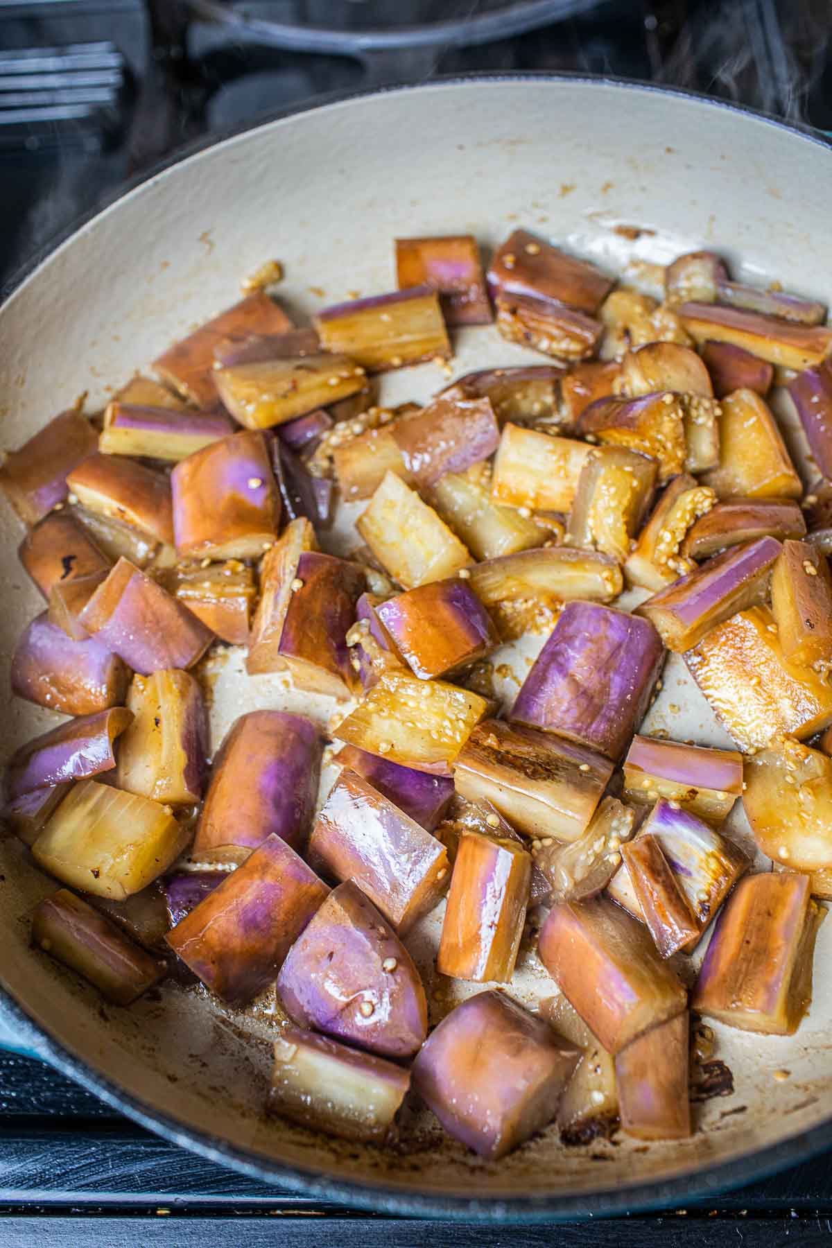 eggplants in a stir frying pan
