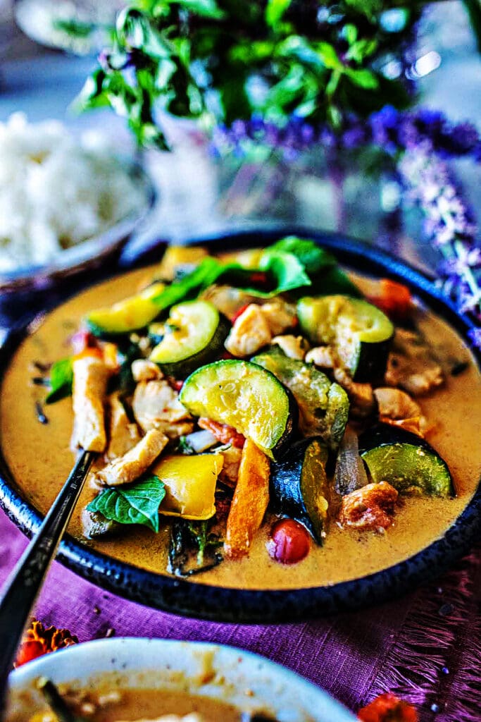 Zucchini Curry is a delightful dish made with Thai red curry paste and coconut milk. It’s a quick and easy dinner - the perfect meal for end-of-summer produce. Make this with chicken breast or Crispy Tofu.