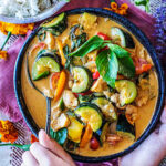 Zucchini Curry is a delightful dish made with Thai red curry paste, coconut milk and chicken or tofu. A healthy, flavorful 30-minute dinner.
