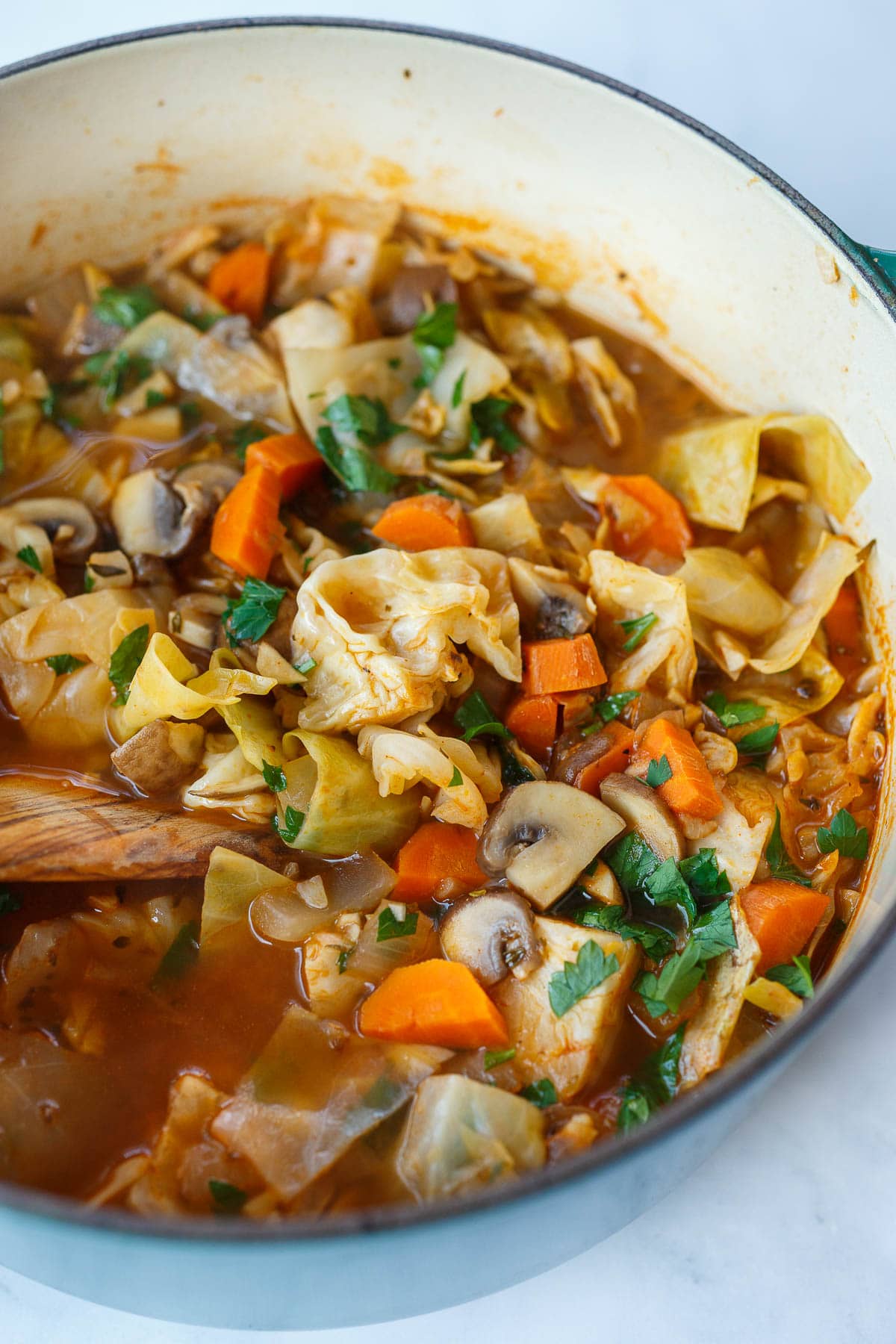 Cabbage soup after simmering for 20 minutes.  Ready to serve.