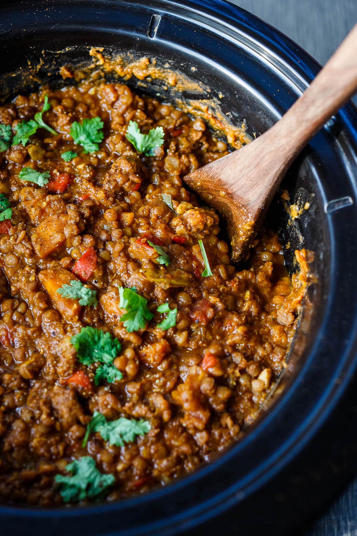 Lentil Chili with Chorizo cooked in a slow cooker/ crockpot.
