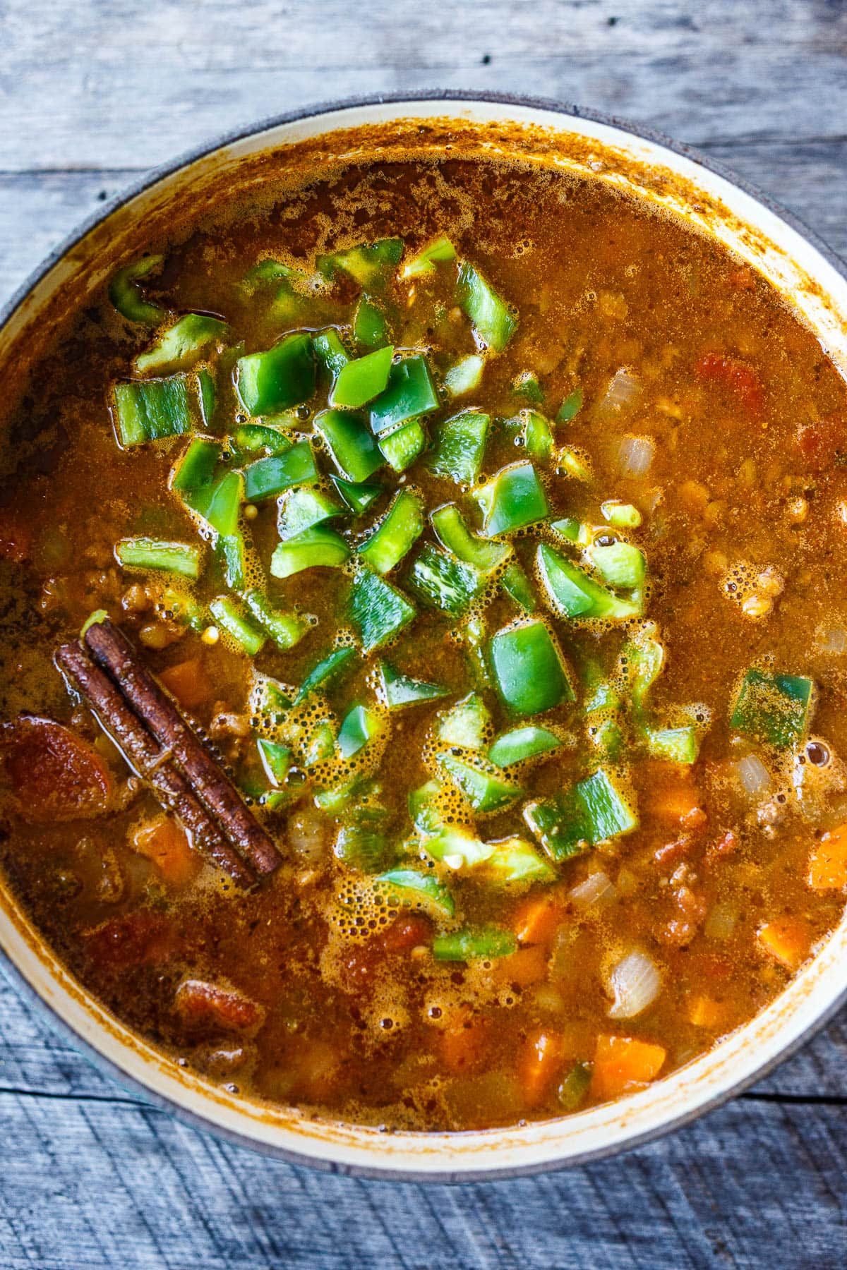 Adding the peppers for the last few minutes of cooking the Lentil Chili.