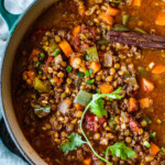 This lentil chili is packed with nutrients and comforting flavor and is perfect for fall, from weeknight dinners to weekend gatherings. It saves well, and leftovers taste even better! Vegan adaptable.