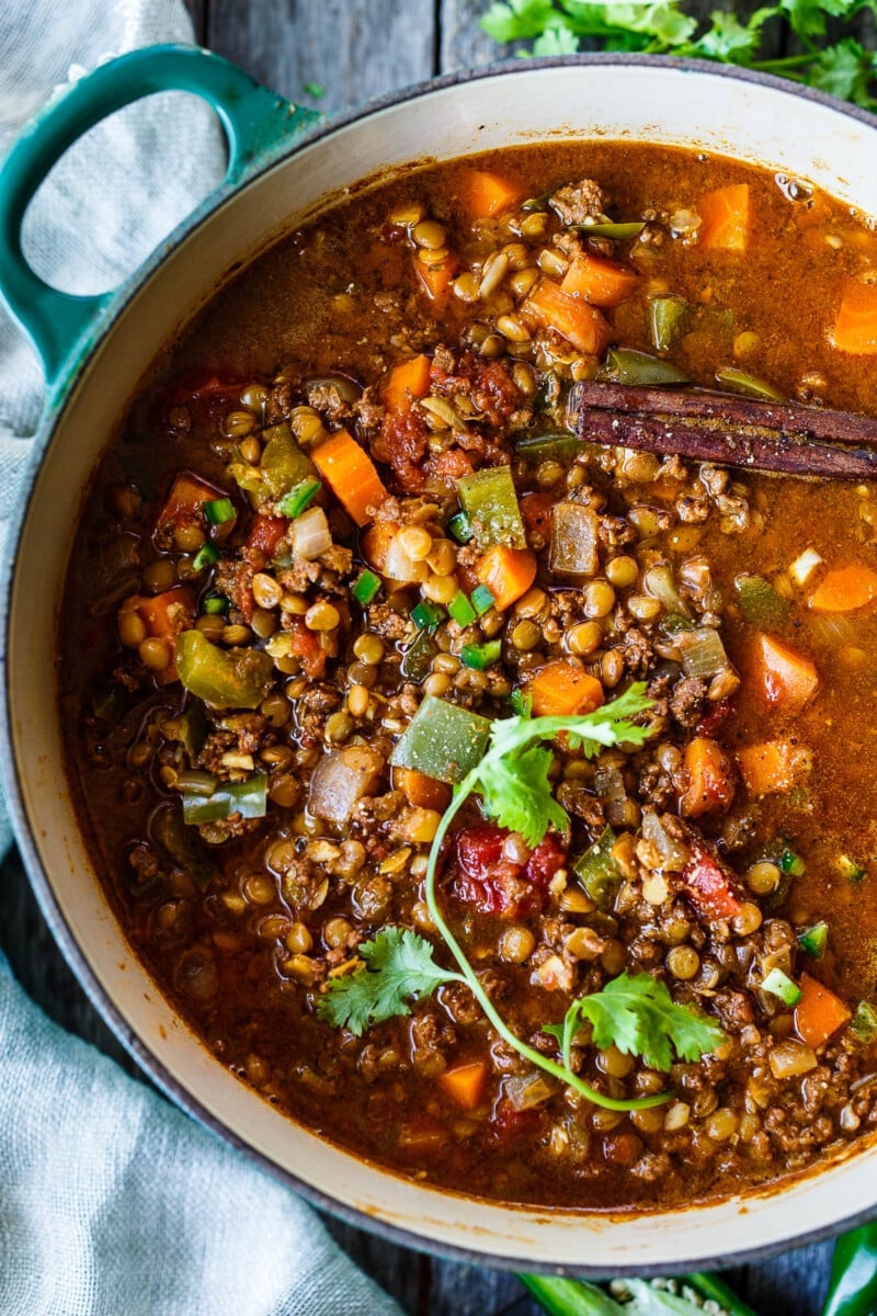 This lentil chili is packed with nutrients and comforting flavor and is perfect for fall, from weeknight dinners to weekend gatherings. It saves well, and leftovers taste even better! Vegan adaptable.