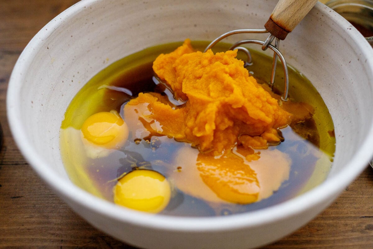 Wet ingredients in a bowl.