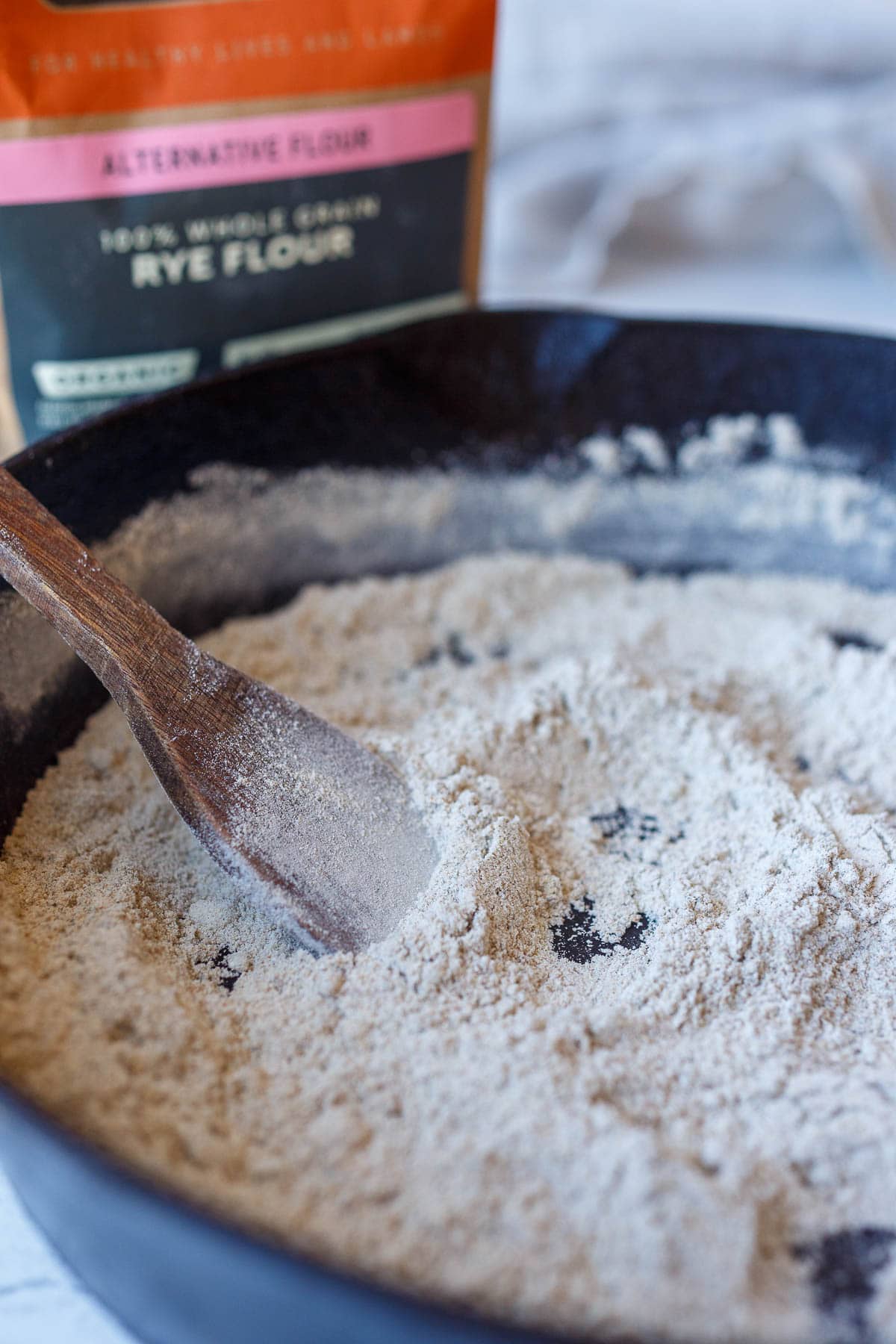 Cast iron pan with rye flour toasting.