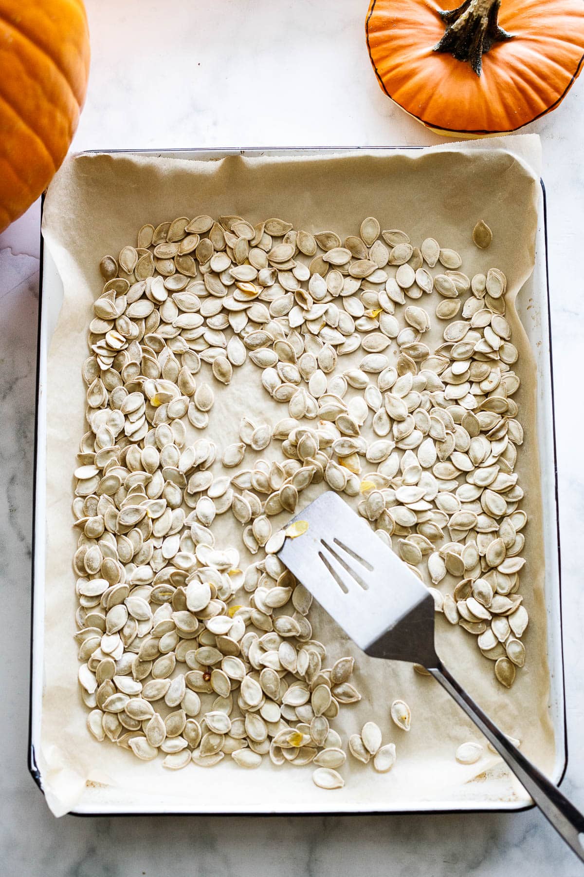 dry the pumpkin seeds and spread them out.
