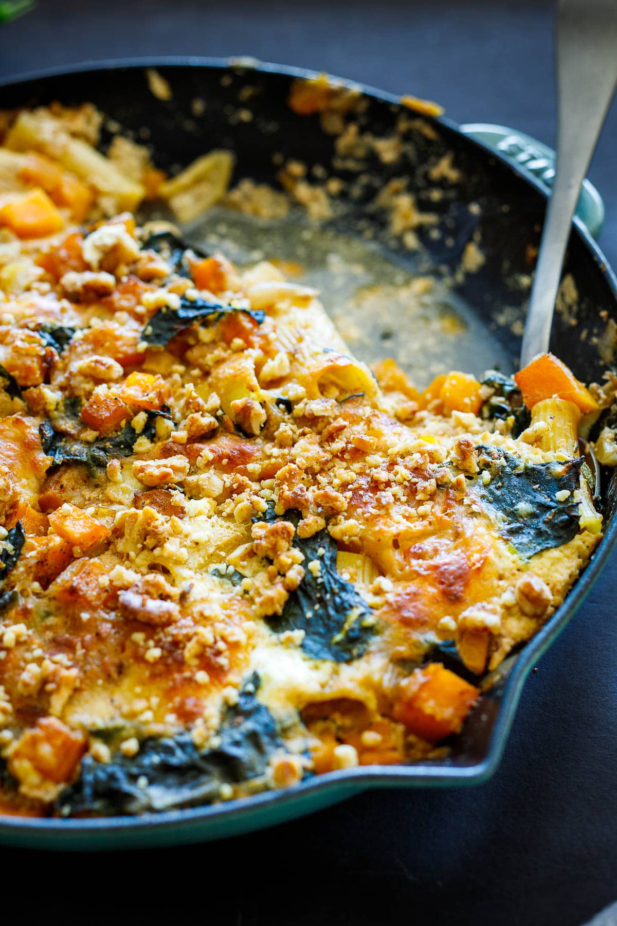 This No-Boil, Baked Rigatoni with Butternut Squash, Kale, Sage and Pecans can be made in one pan, with 30 minutes of hands-on time before baking in the oven. A cozy vegetarian dinner, perfect for fall.