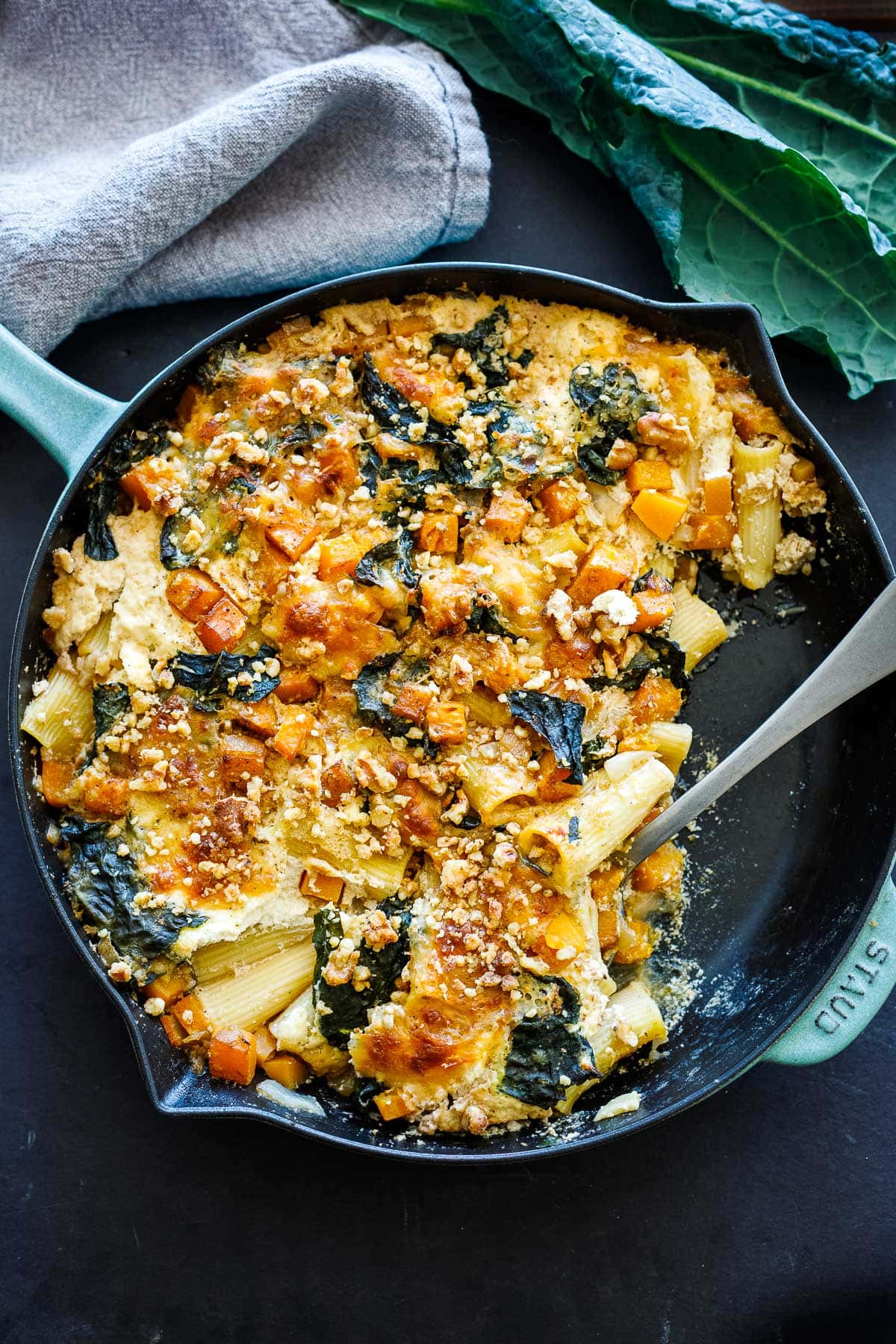 This No-Boil, Baked Rigatoni with Butternut Squash, Kale, Sage and Pecans can be made in one pan, with 30 minutes of hands-on time before baking in the oven. A cozy vegetarian dinner, perfect for fall.