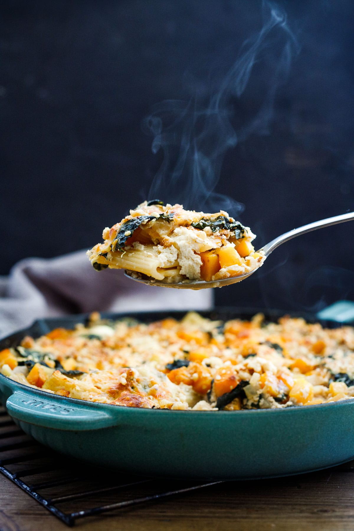 This No-Boil, Baked Rigatoni with Butternut Squash, Kale, Sage and Pecans can be made in one pan, with 30 minutes of hands-on time before baking in the oven. A cozy vegetarian dinner, perfect for fall.