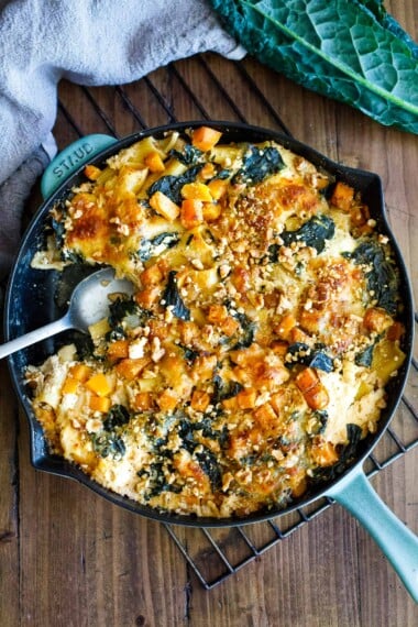 This No-Boil, Baked Rigatoni with Butternut Squash, Kale, Sage and Pecans can be made in one pan, with 30 minutes of hands-on time before baking in the oven. A cozy vegetarian dinner, perfect for fall.