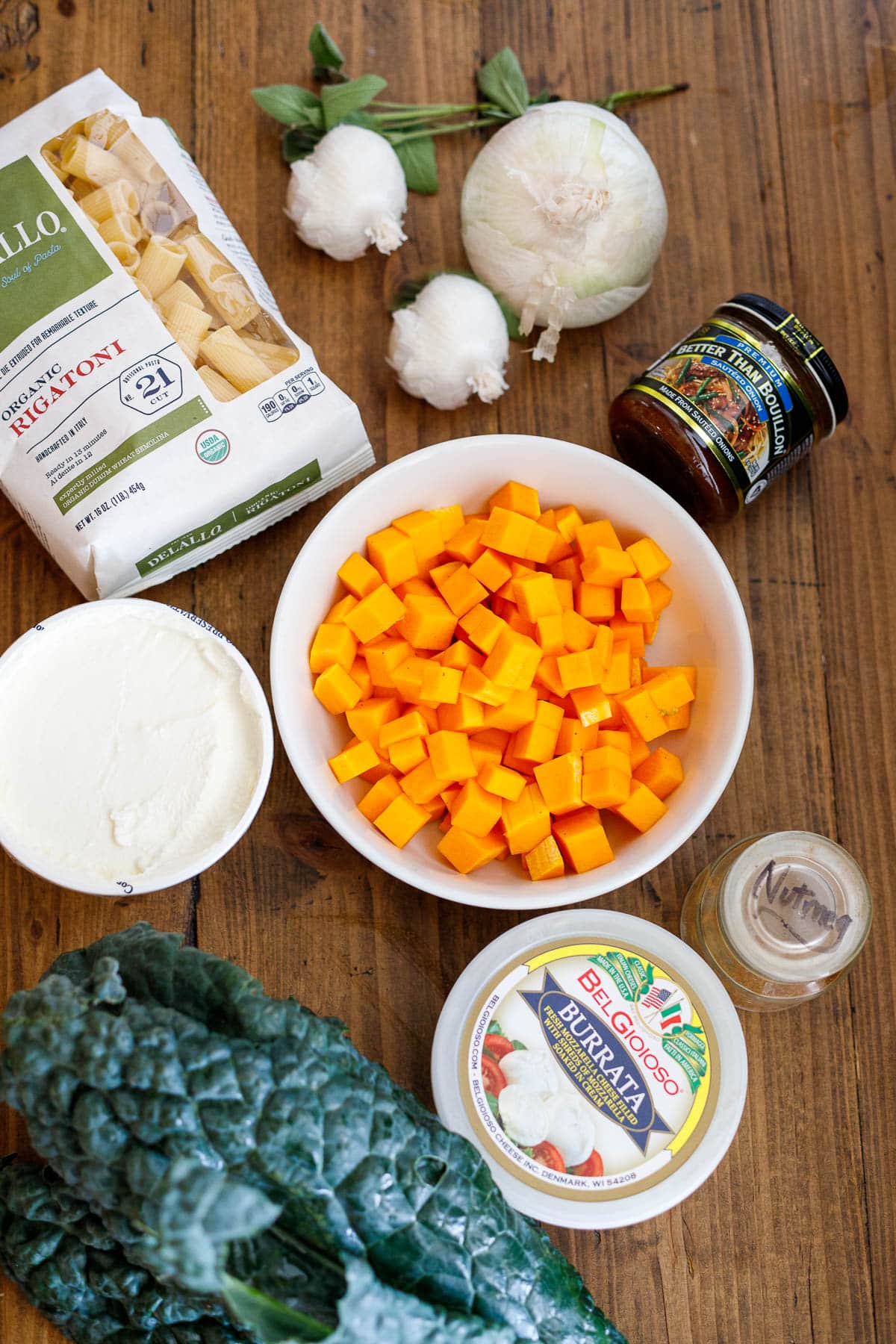 ingredients in baked pasta with butternut squash 