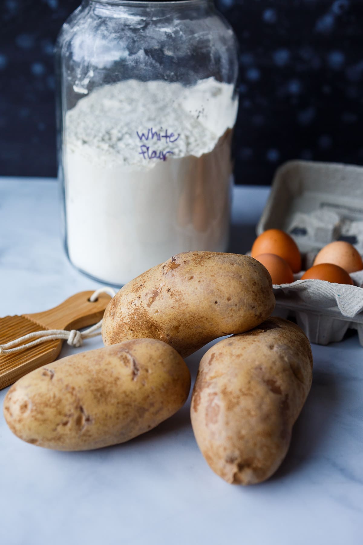 Ingredients in gnocchi.  Flour, potatoes, eggs.