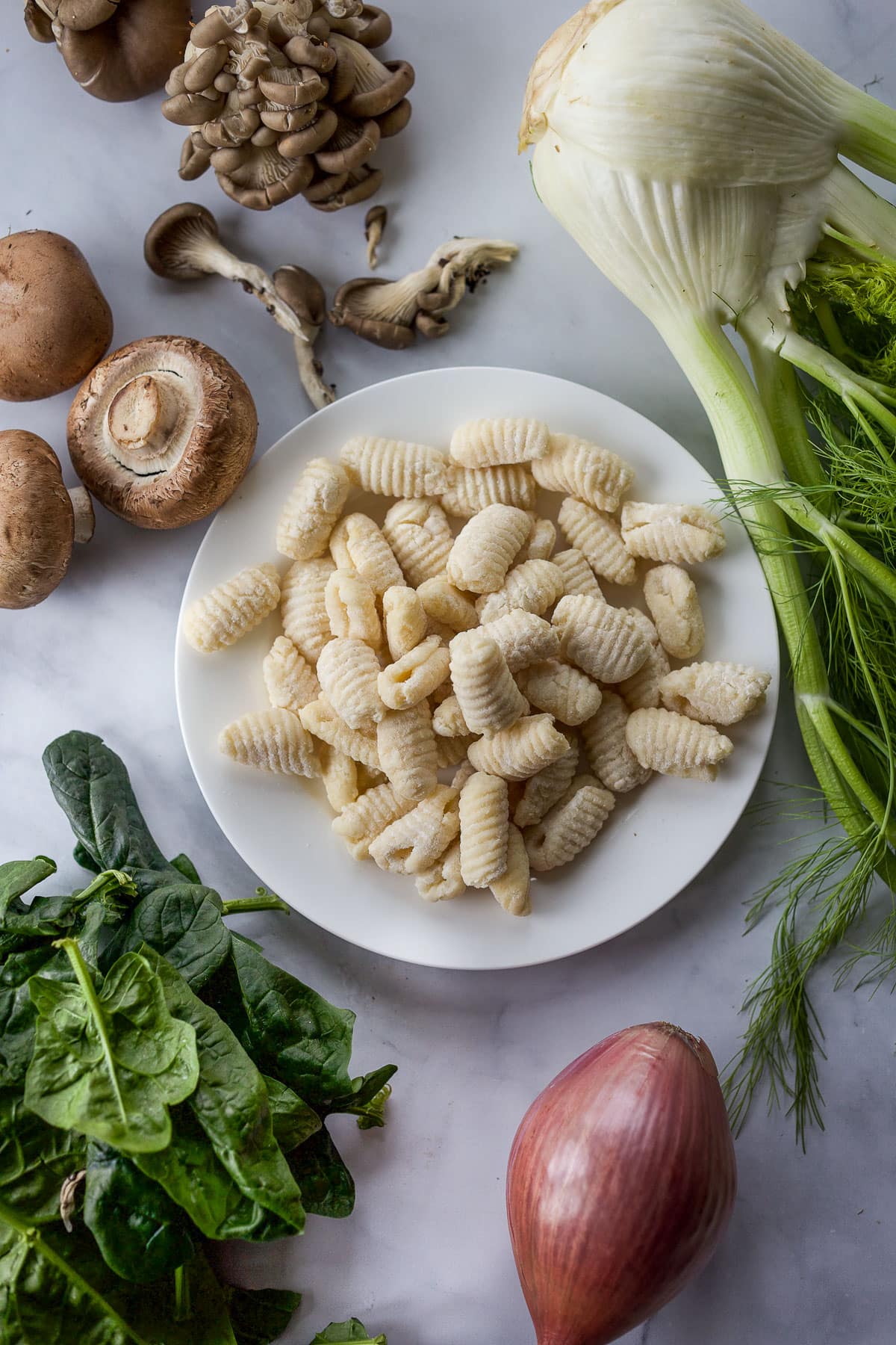 Fresh gnocchi with mushrooms, fennel, spinach and shallots.