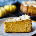 Incredibly creamy and perfectly spiced, this easy Pumpkin Cheesecake is a great addition to the holiday dessert table. No water bath needed, and ideal to make ahead of time!