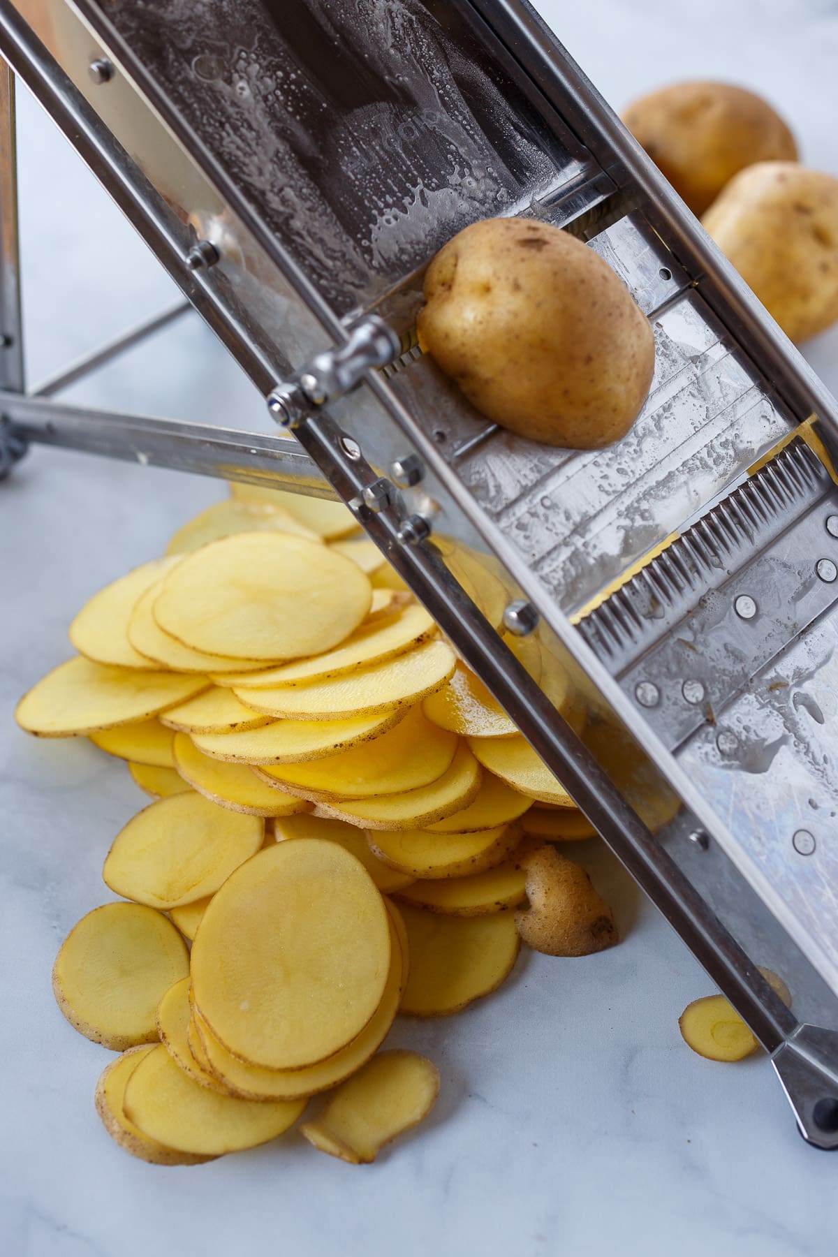 Slicing Yukon gold potatoes on a stainless steel mandolin.