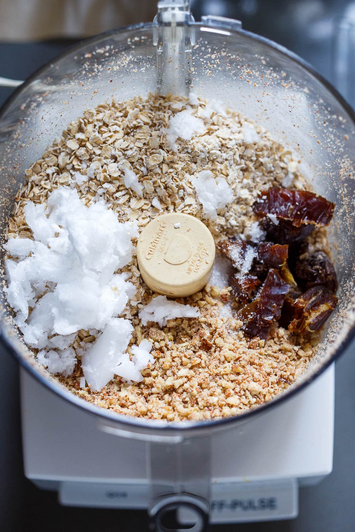 Crust ingredients pulsing in the food processor.