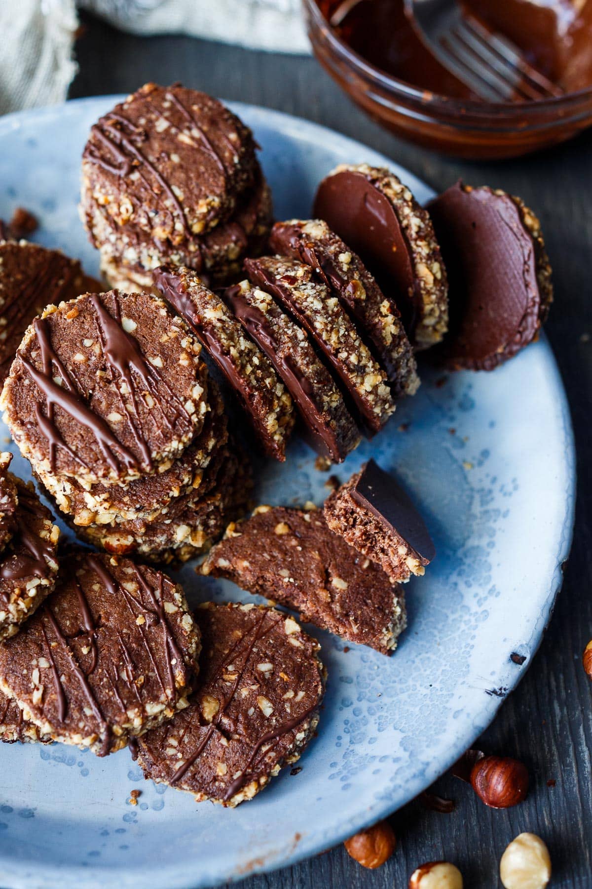 Chocolate Hazelnut Shortbread Cookies dipped in dark chocolate