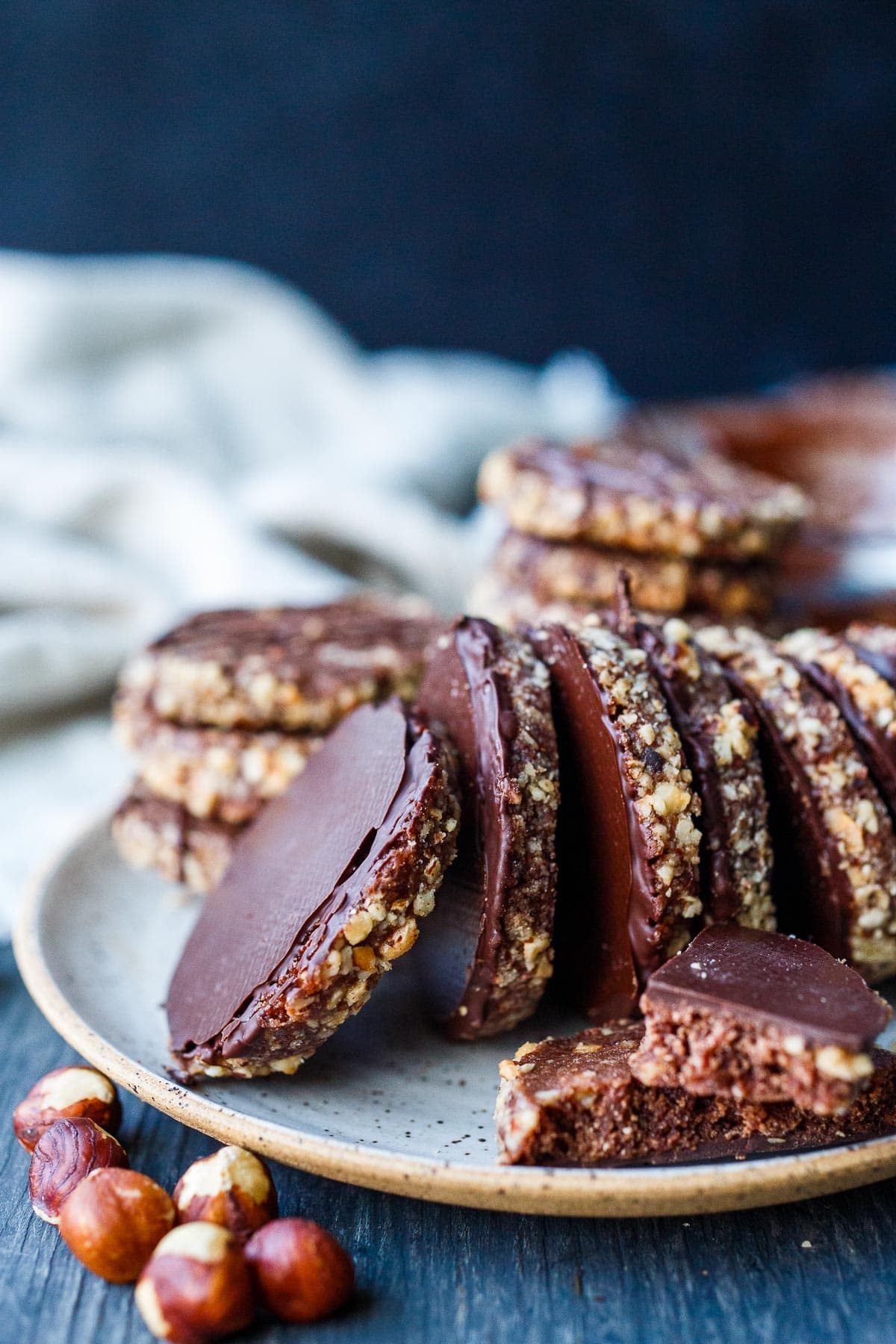 Chocolate Hazelnut Shortbread Cookies on a speckled plate 