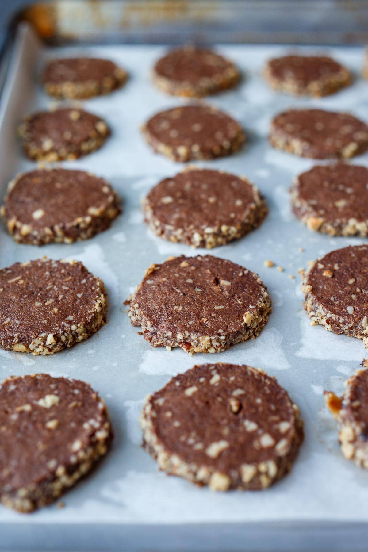 Cookies baked on a sheet pan.