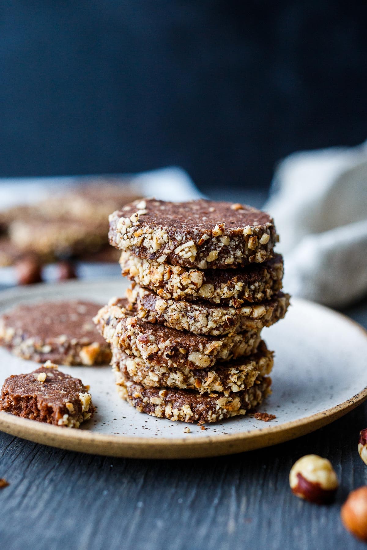  Chocolate Hazelnut Shortbread Cookies stacked on a plate 