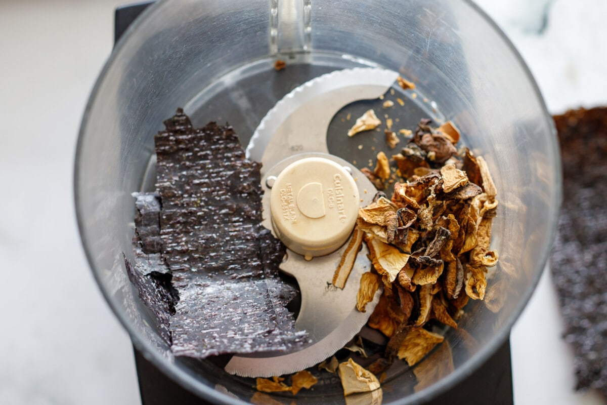 Dried mushrooms in a food processor.  