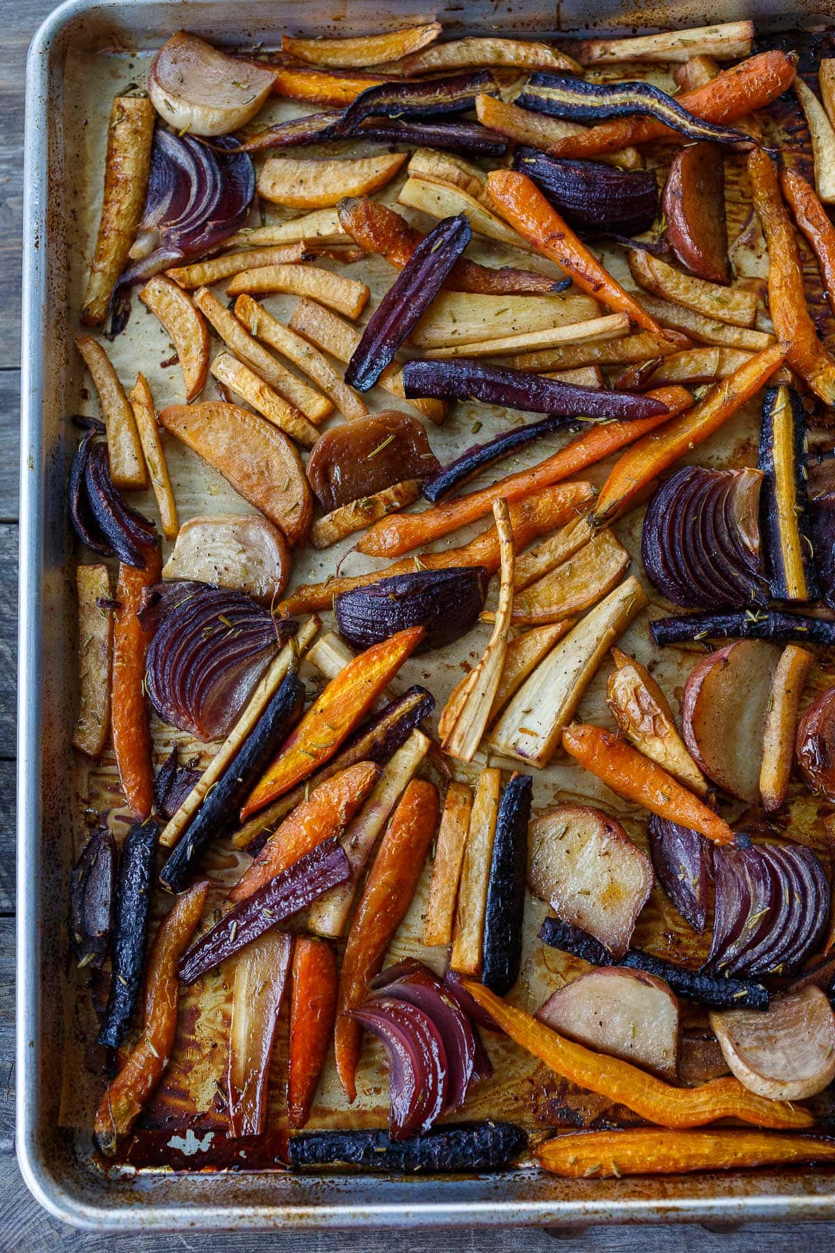 Roasted vegetables on a tray.