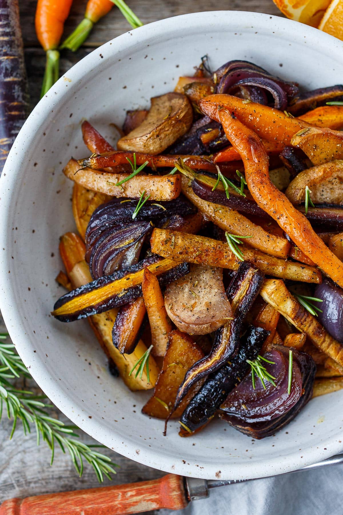 Roasted Root Vegetables in a bowl with rosemary 