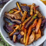 roasted Root vegetables recipe- in a whit bowl.