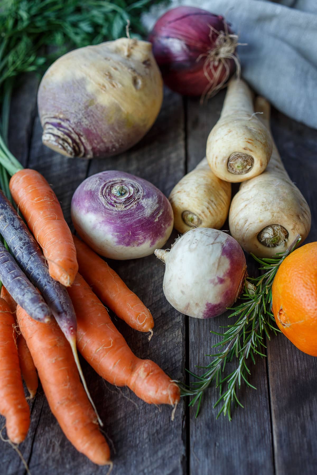 Root vegetables, rosemary and orange.