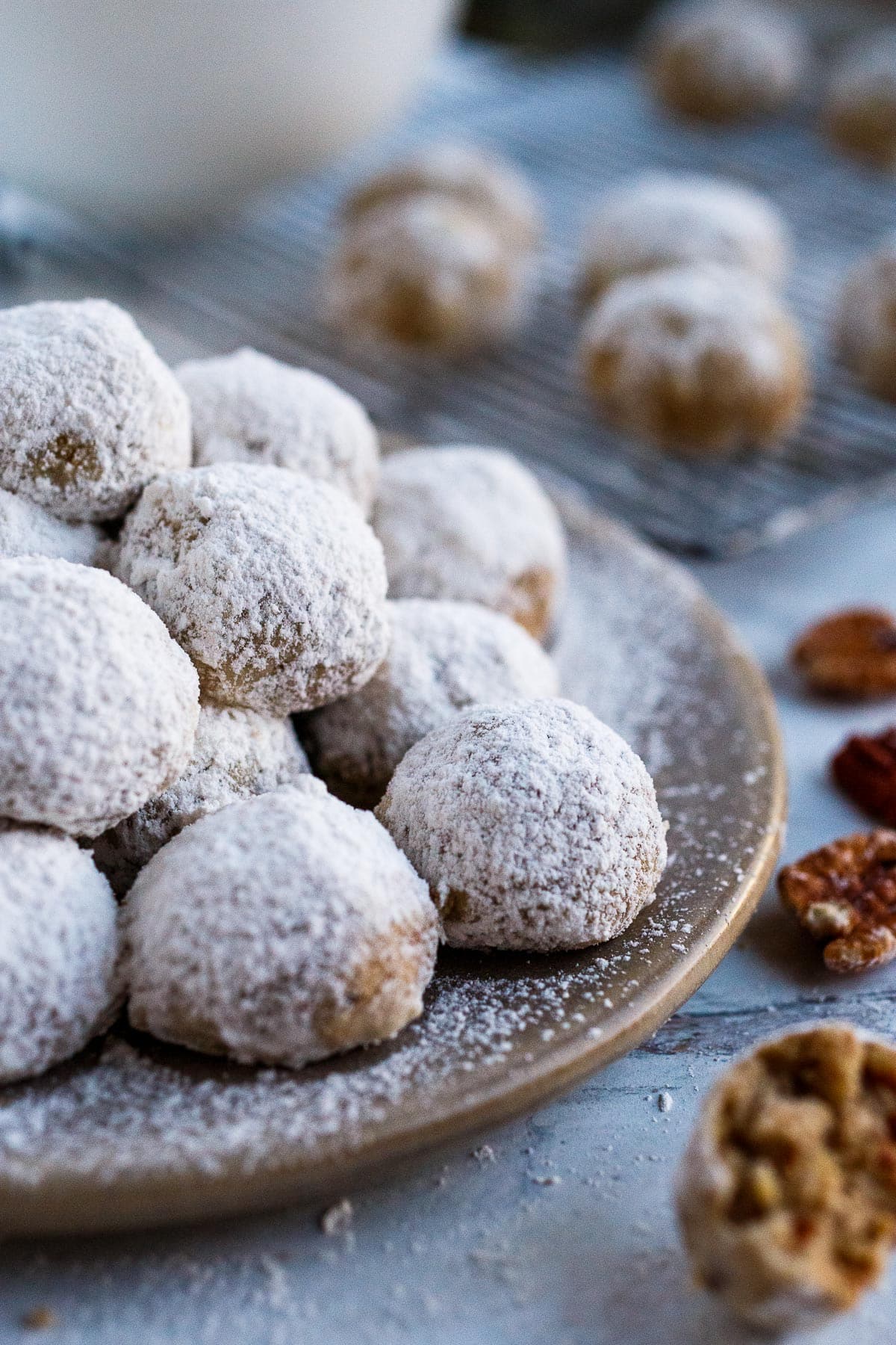 Snowball cookies on a platter.