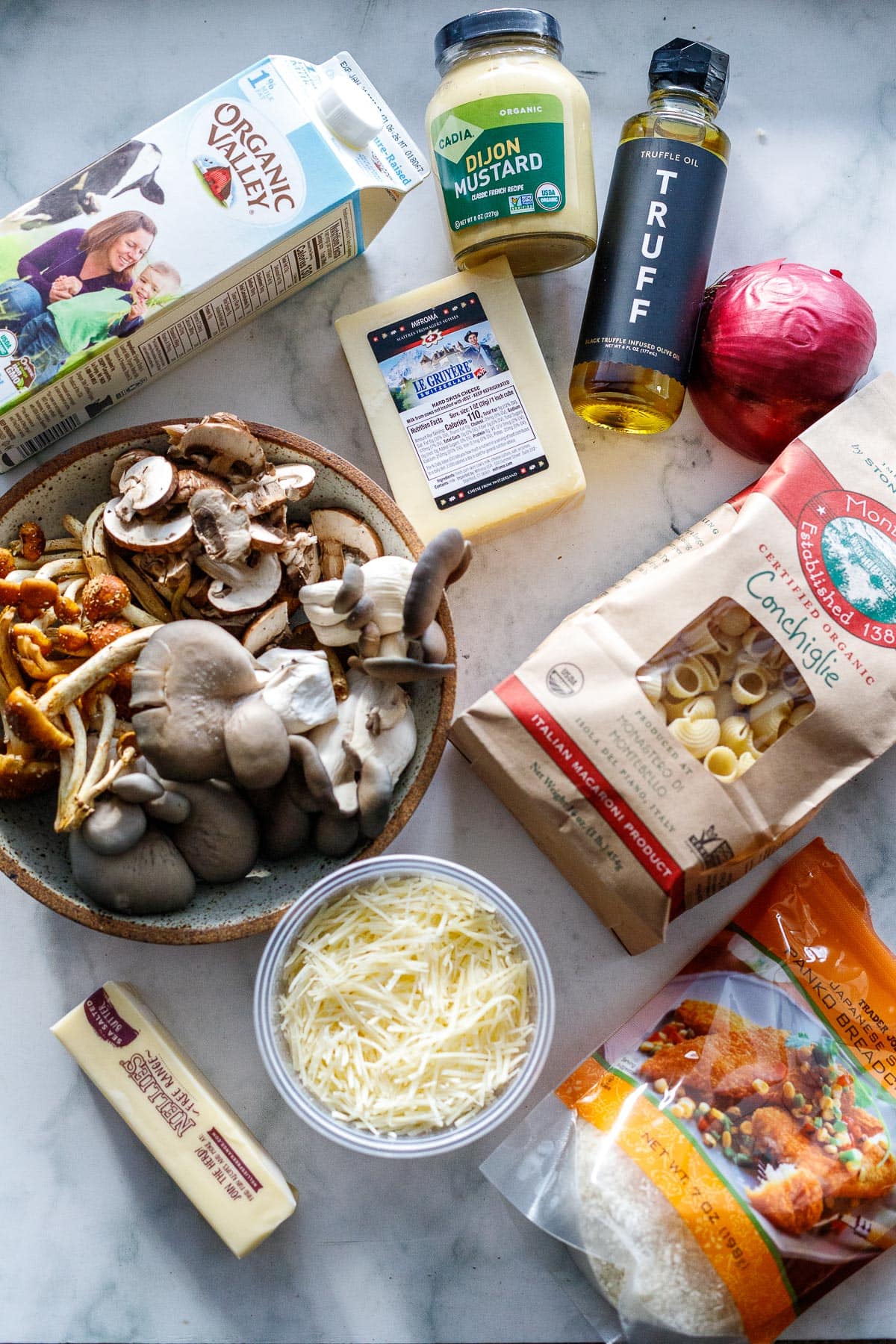 ingredients on the counter,  in truffle Mac and cheese.