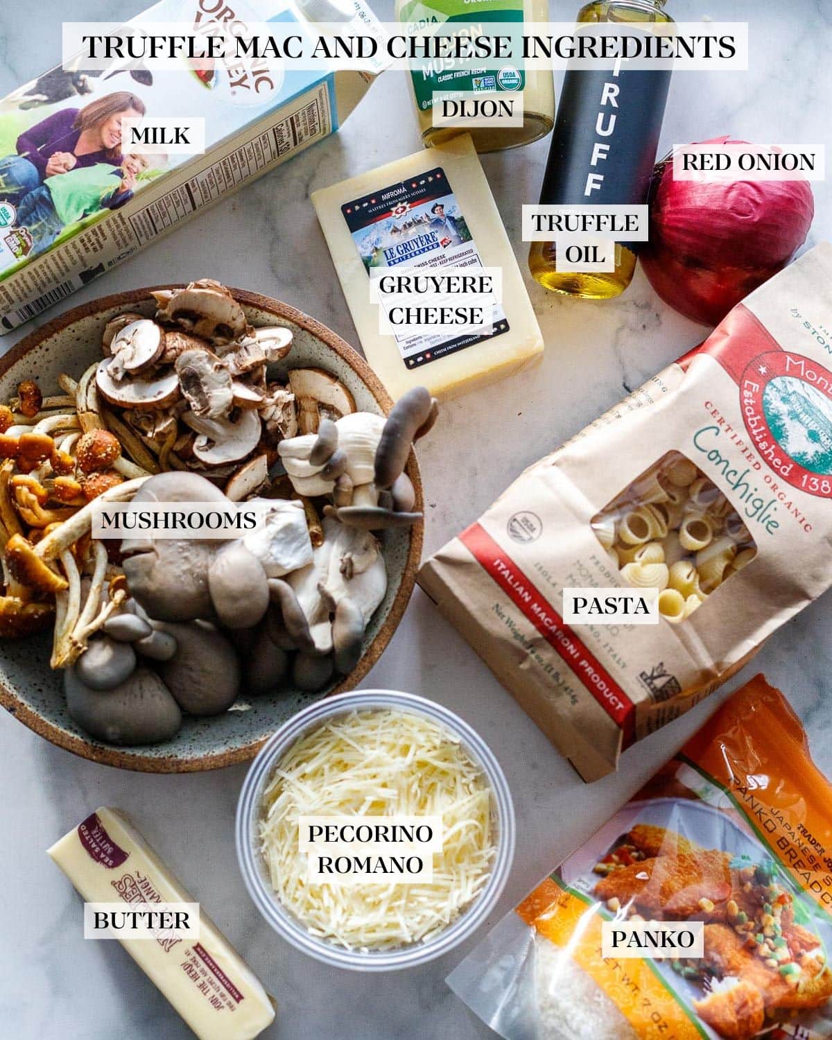 ingredients on the counter, in truffle Mac and cheese.
