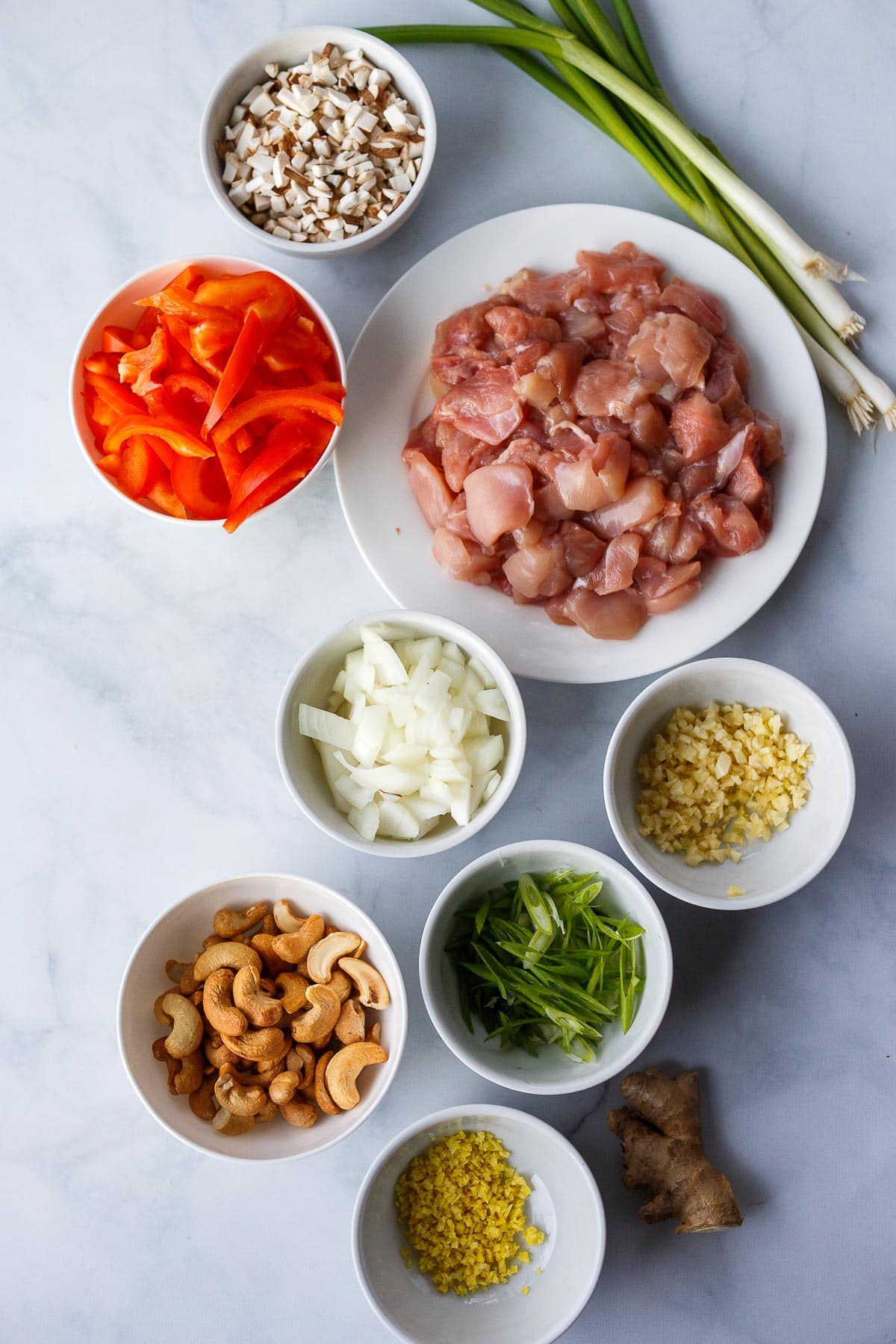 Chopped ingredients for cashew chicken.