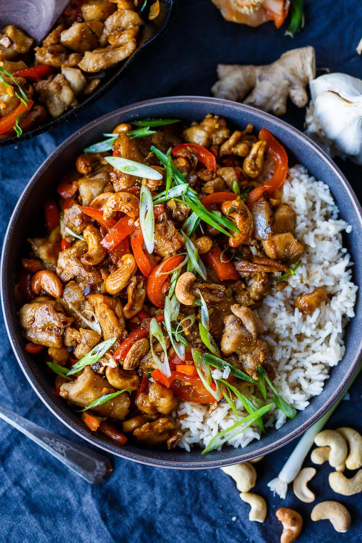 A healthy take on Cashew Chicken, tender garlicky chicken stir-fried with red bell peppers and roasted cashews tossed with a flavorful savory homemade stirfry sauce.