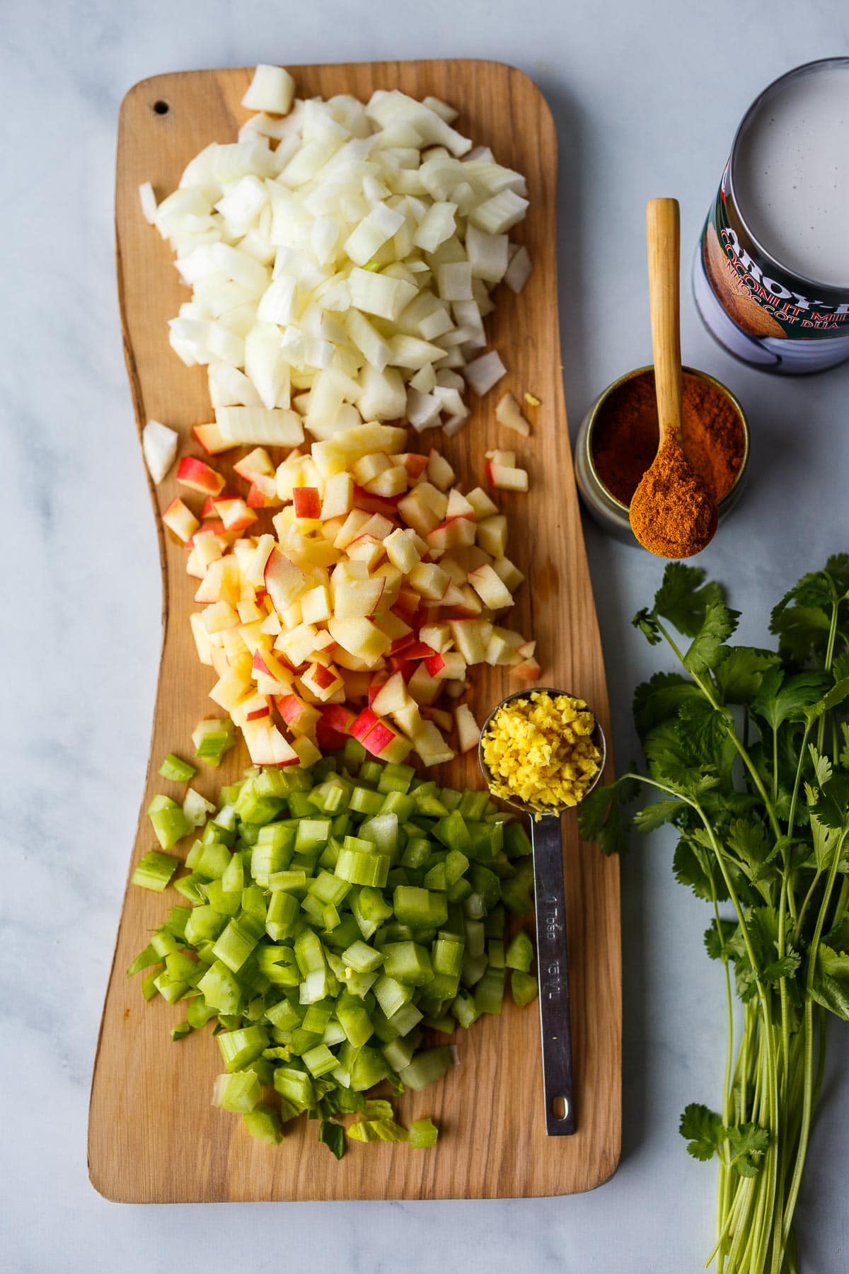 Chopped ingredients on a cutting board.