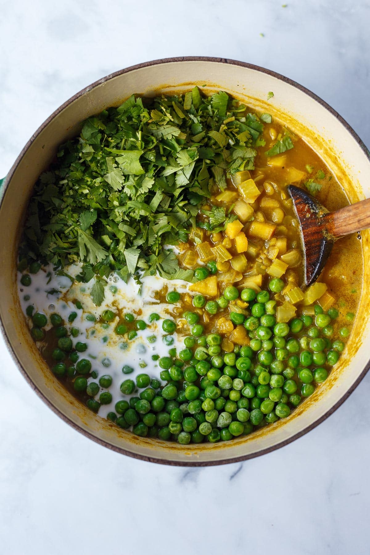 Pot of cooked soup before blending.