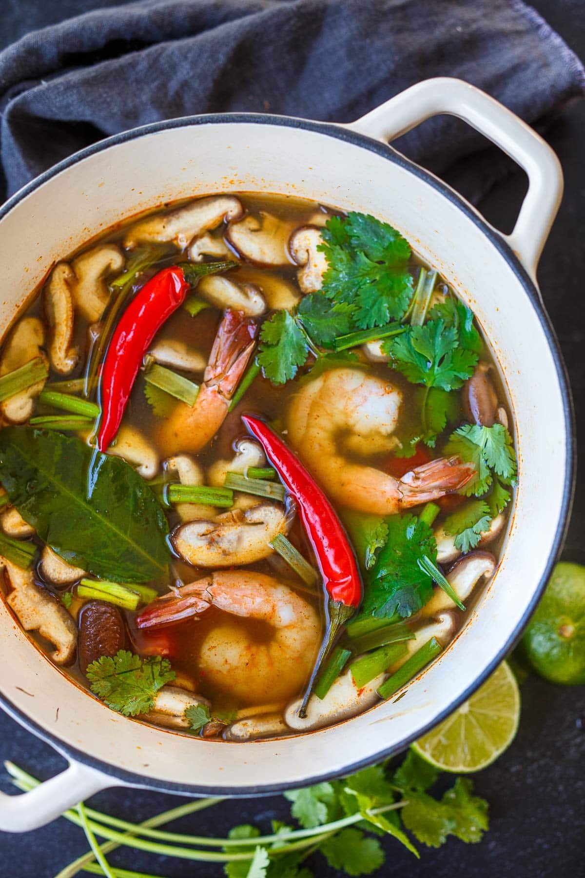 Tom yum soup with shrimp in a pot.