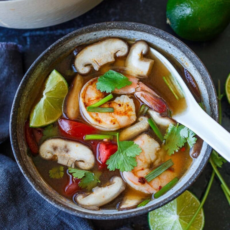 Delicious and warming, Tom Yum Soup is a classic Thai soup that is best known for its clear, sour broth infused with lemongrass and galangal. Make this vegetarian with tofu, or add shrimp or chicken!
