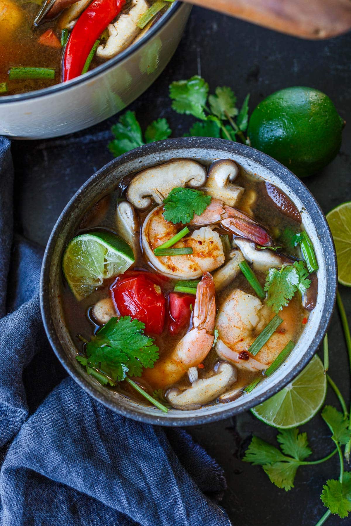 Tom Yum Soup with shrimp in a bowl.