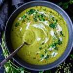 This Curried Split Pea Soup is a fresh take on the traditional. Creamy and delicious, enhanced with yellow curry, coconut milk and fresh peas.
