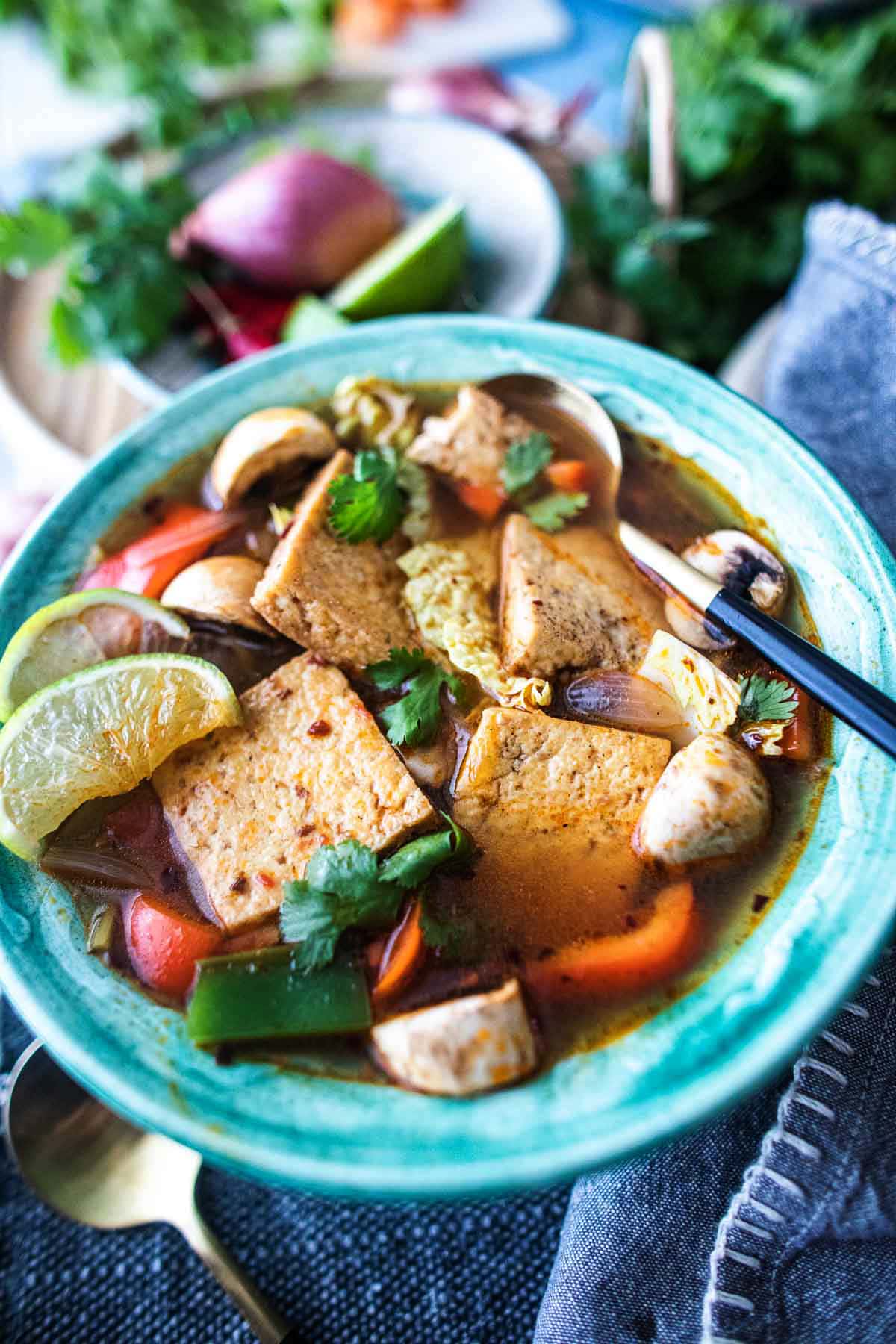 Delicious and warming, Tom Yum Soup is a classic Thai soup that is best known for its clear, sour broth infused with lemongrass and galangal. Make this vegetarian with tofu, or add shrimp or chicken! 