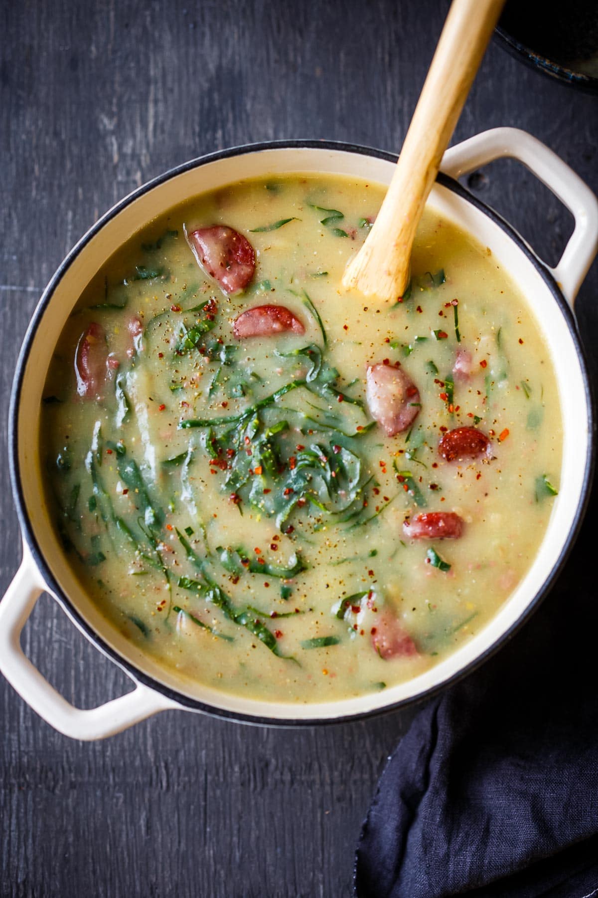 Caldo Verde in a soup pot.