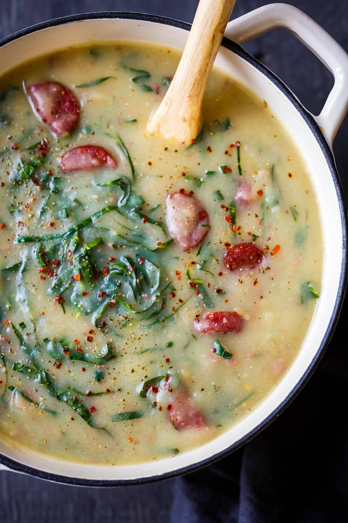 Caldo Verde Soup in a pot.