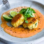 Crab Cakes with Cilantro, lime and jalapeño with a red pepper Vinaigrette