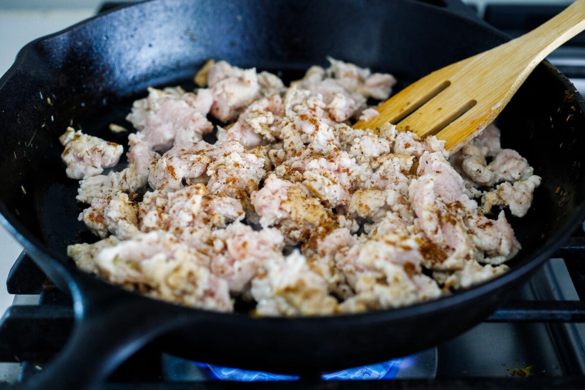 Browning the ground chicken.