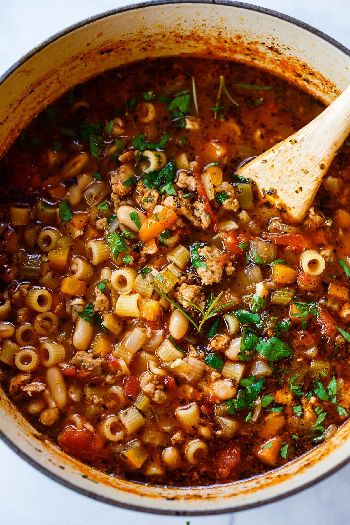 Pasta e Fagioli in a soup pot.