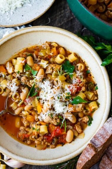 A hearty and adaptable recipe for Pasta Fagioli, a traditional Italian soup stocked with beans, meat and pasta in a flavorful herby tomato broth. A perfect one-bowl meal!